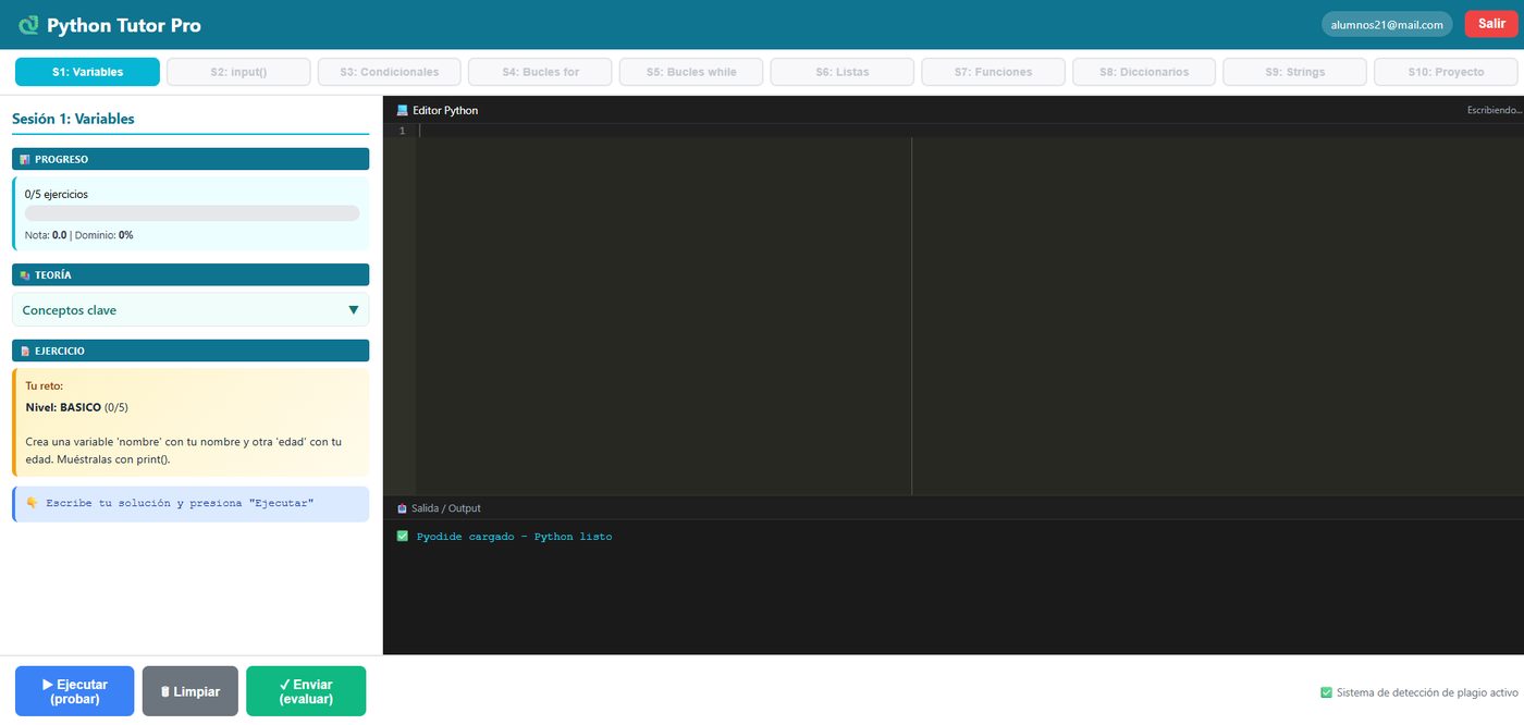 Python Tutor Pro: editor de Python con Pyodide y detección de plagio activa