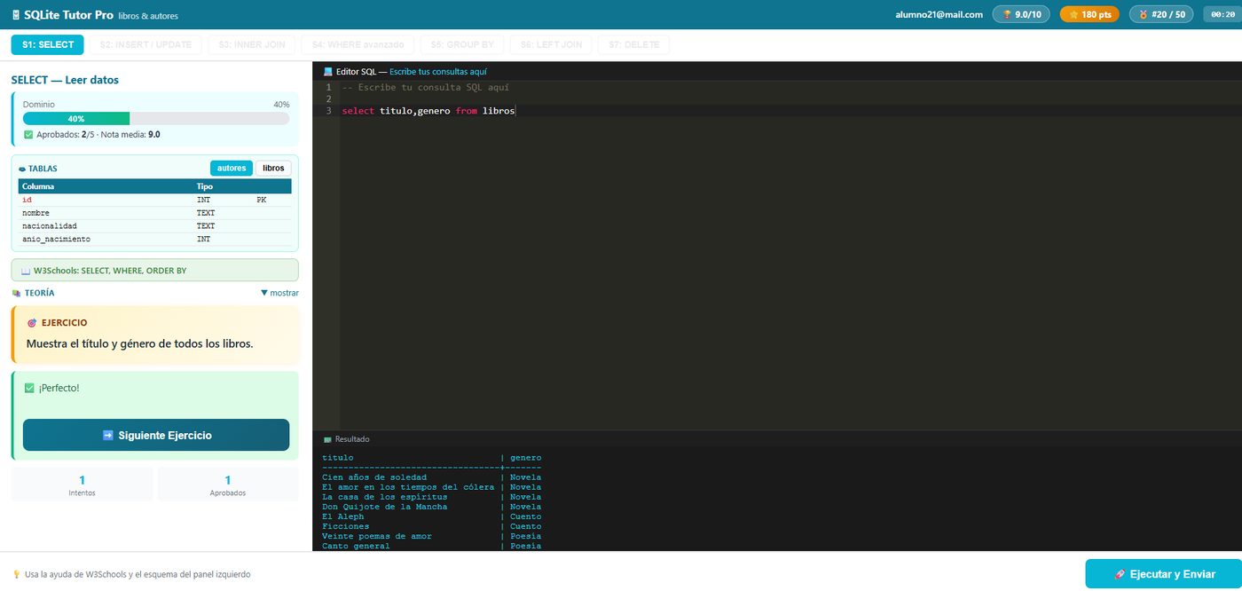 SQLite Tutor Pro: editor SQL con la consulta del alumno y el resultado corregido